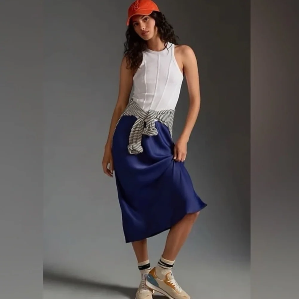 NWT! Anthropologie Navy Blue Tilda Midi Slip Skirt - Size XS 🐉